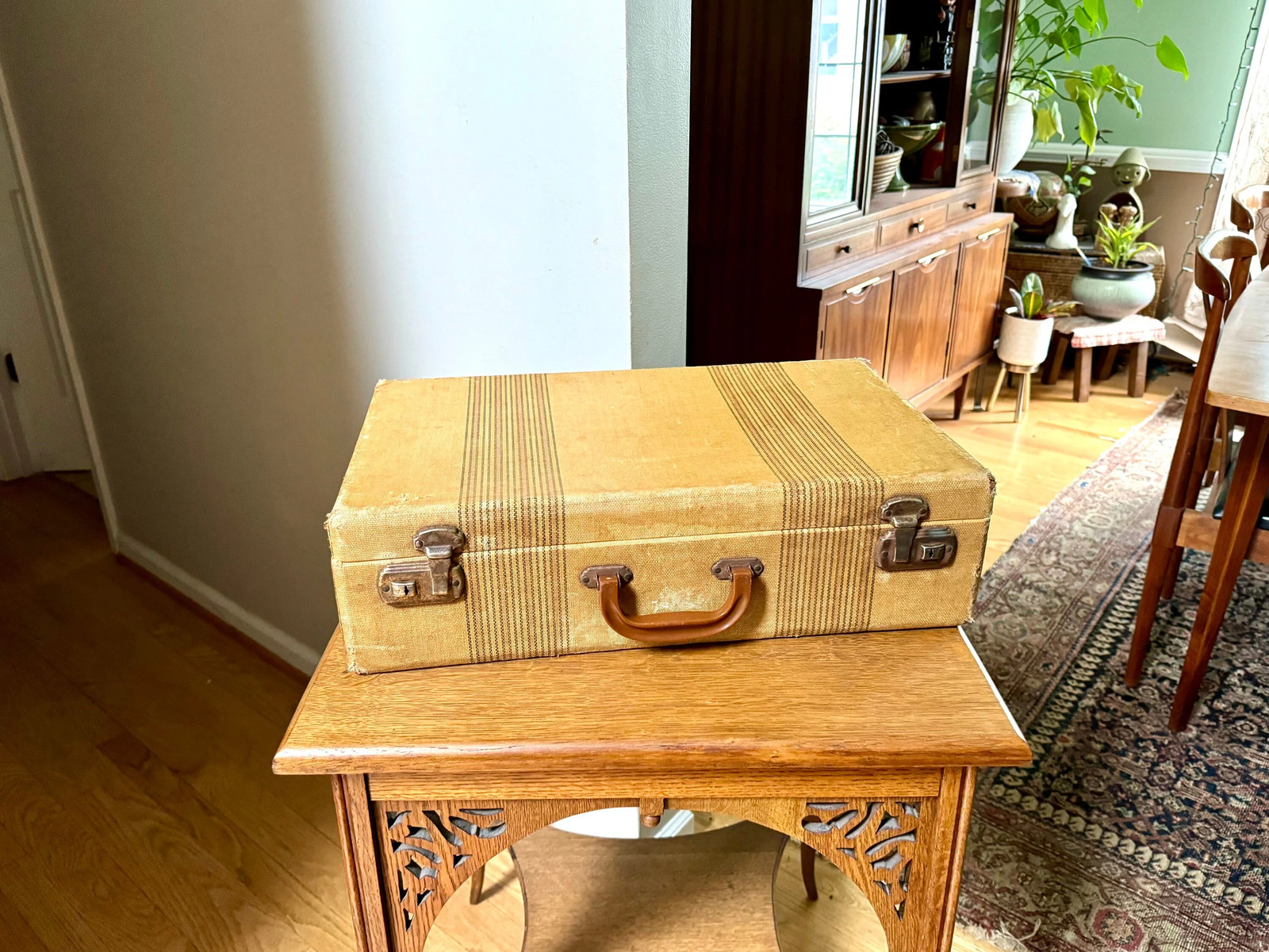 Vtg Wrapped Wood Worn Hardshell Suitcase | Rustic Striped Hardshell Suitcase