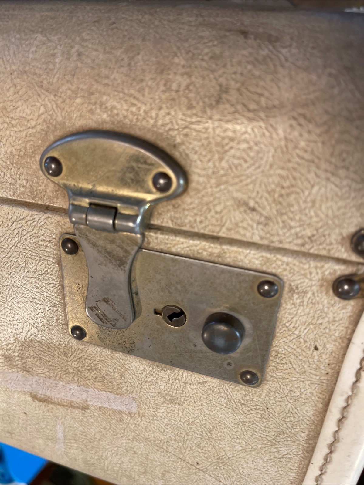 Vintage Large Wedge Suitcase Working Hinges Worn Cream W/ Tattered Purple Silk