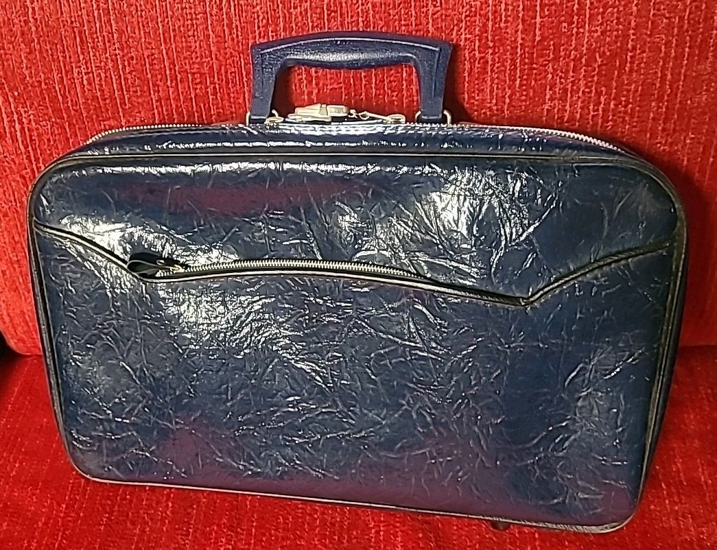 Vintage 60s Blue Vinyl Penguin Travelers Mini Suitcase Overnight Bag Mod Purse