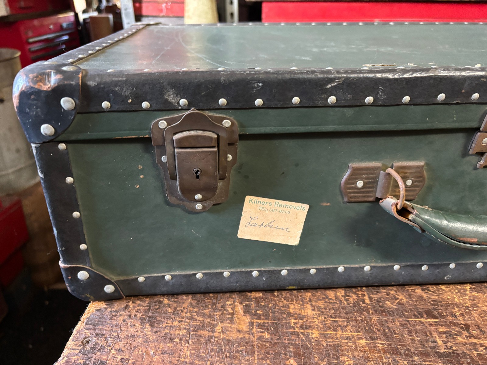 Antique Suitcase Riveted Binding Brass Hardware 1920’s Heritage Green & Black
