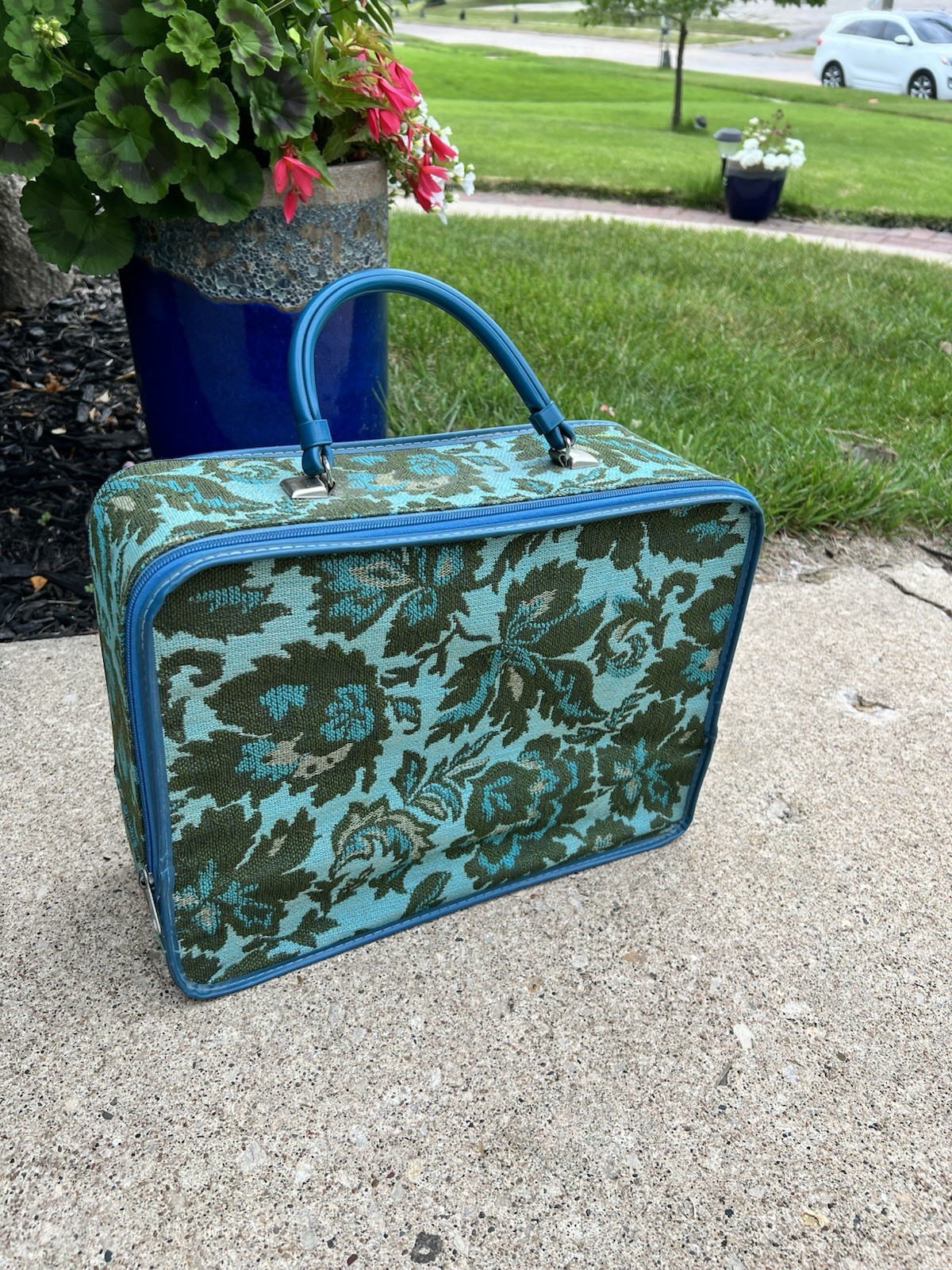 Vintage Pretty 70’s Avon Lady Sample Case Floral Tapestry Small Suitcase