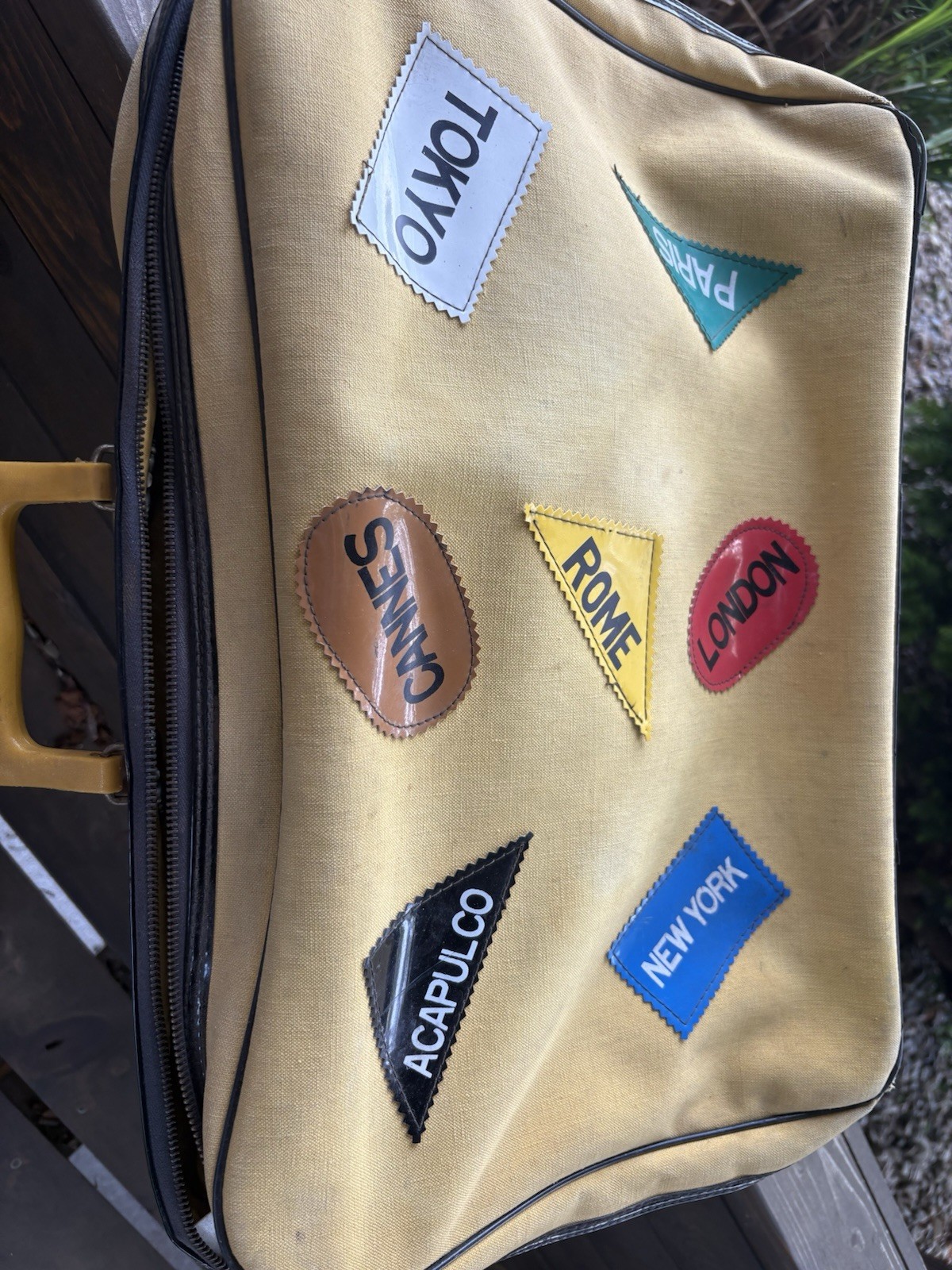 Vintage MCM Mod Yellow Suitcase Vinyl Destination Patches NY Rome Paris Tokyo