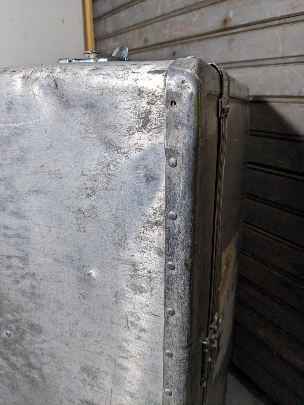Vintage Machine Age Industrial Riveted Aluminum Travel Suitcase Trunk Steampunk