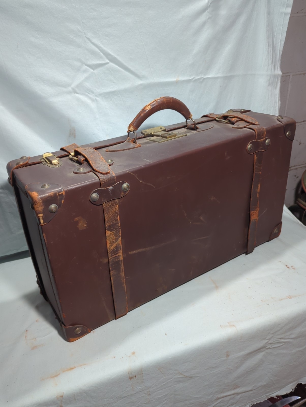 Vintage Antique Leather Stagecoach Suitcase Luggage Decor Props