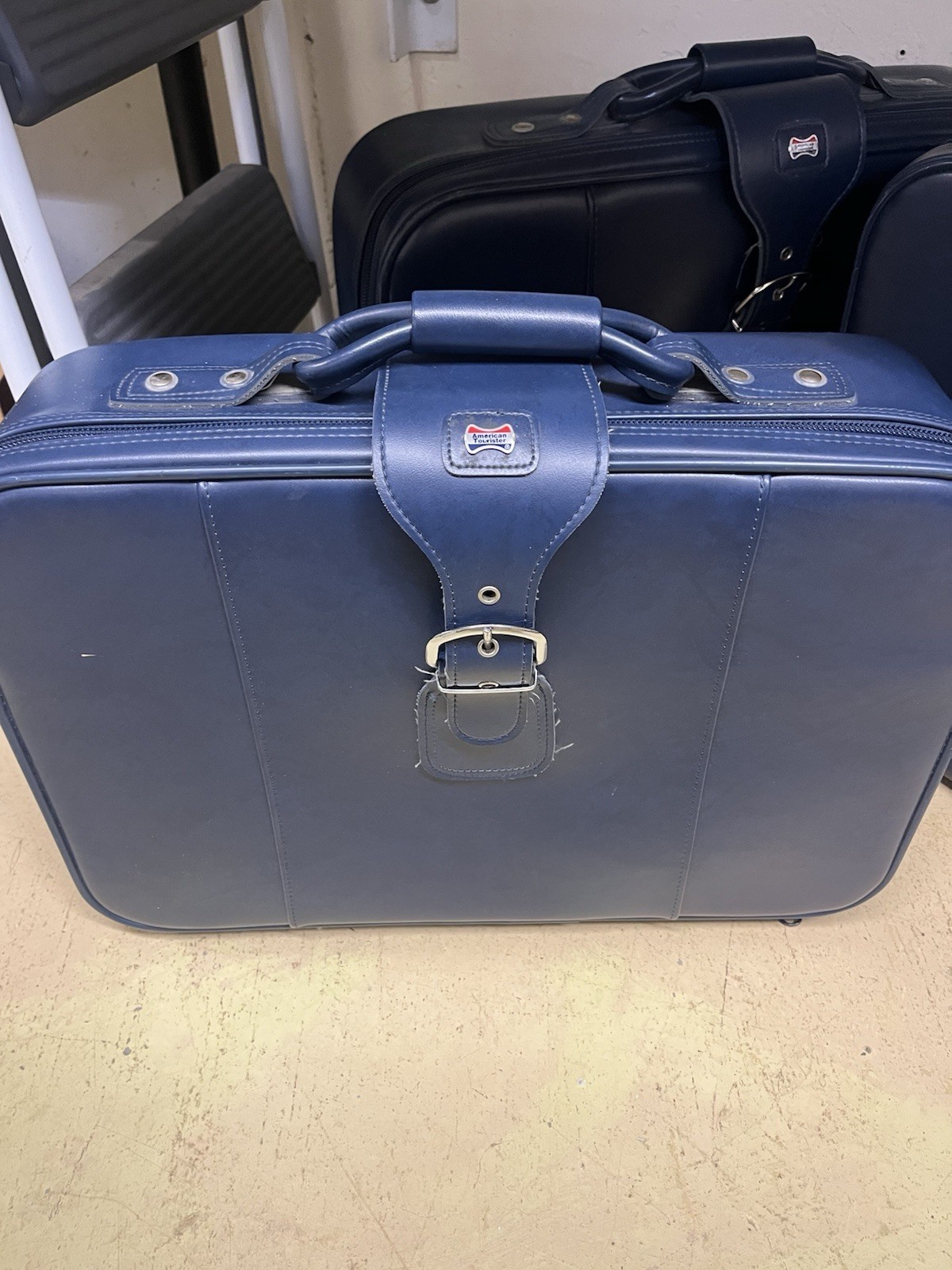 American Tourister Vintage 1970s Navy Blue Soft-Sided Vinyl Suitcase Set