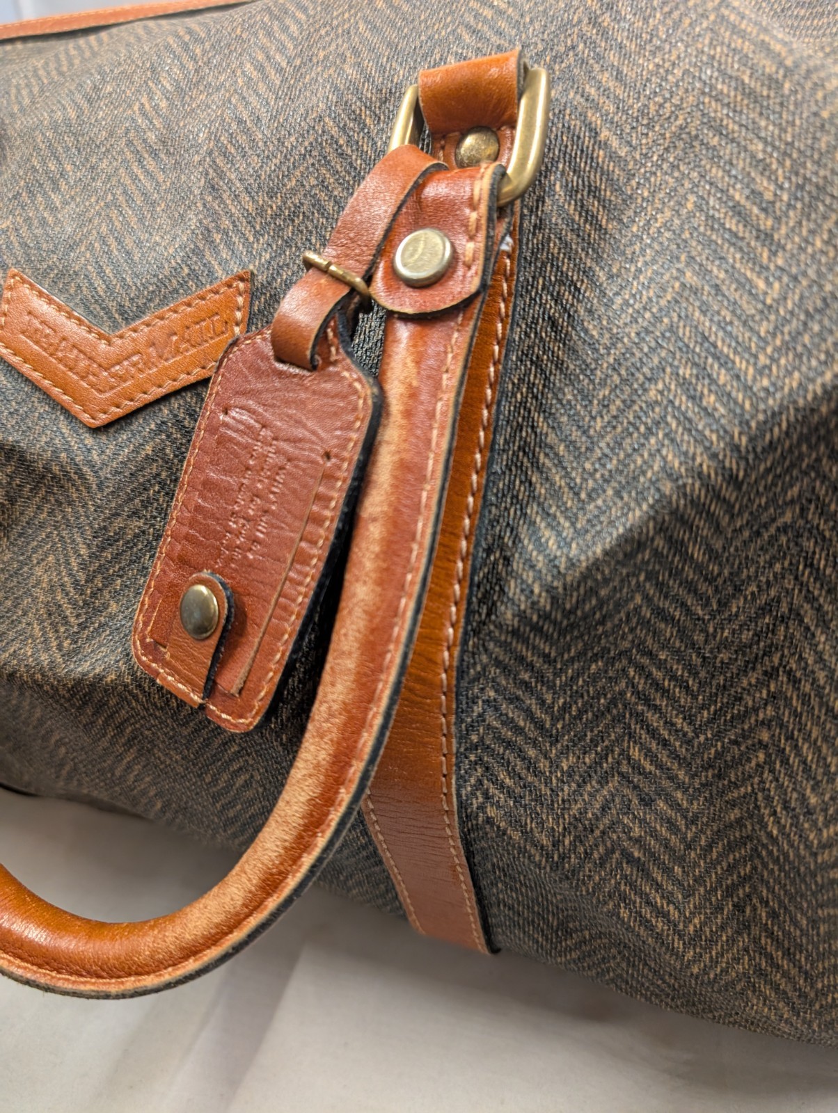 WHY Leather Mall Herringbone Duffel Bag Brown Tweed Weekender Leather Tote
