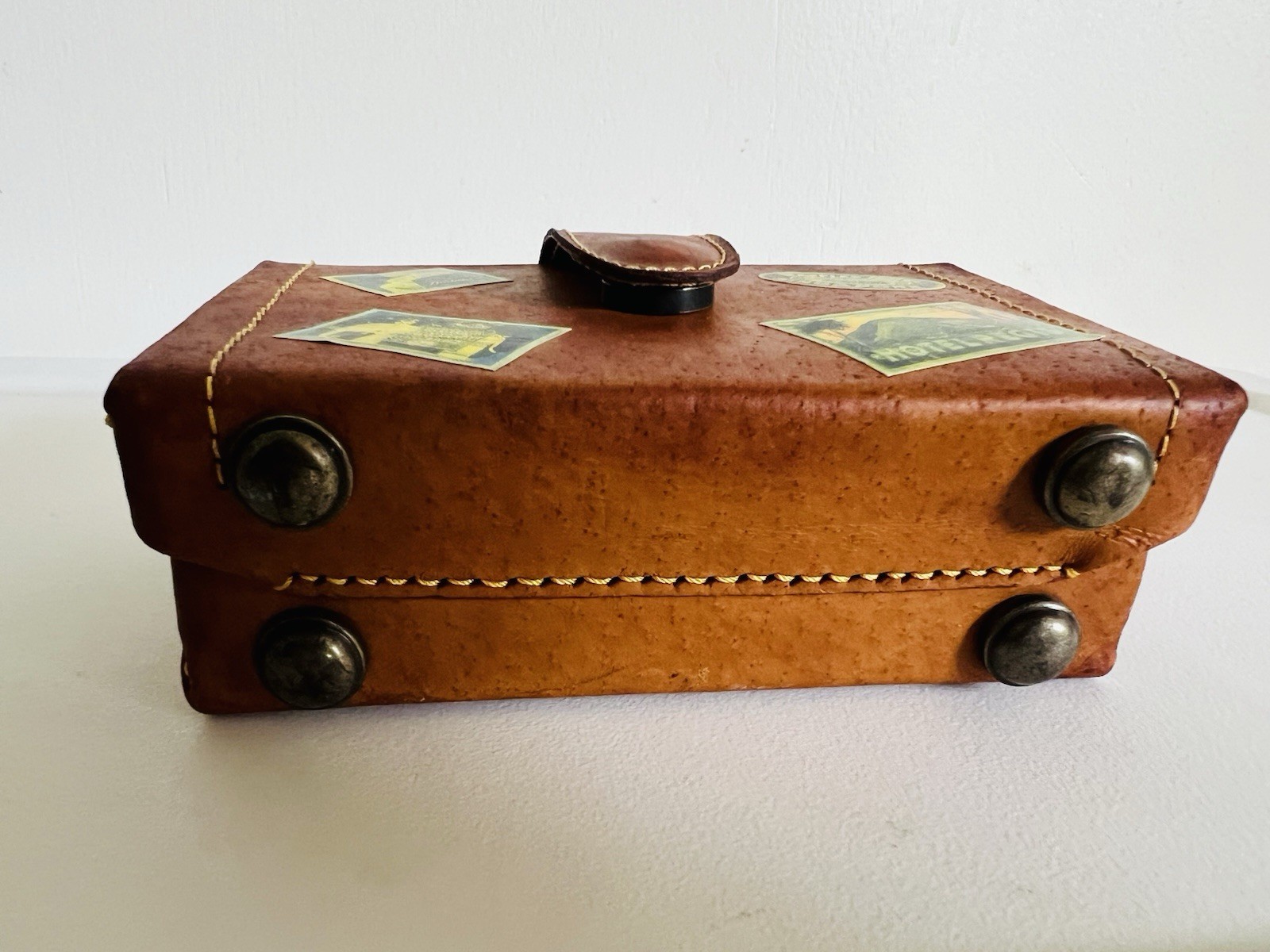 Vintage Leather Case Travel Stickers Magnetic Button Lined Mini Doll Suitcase 6”