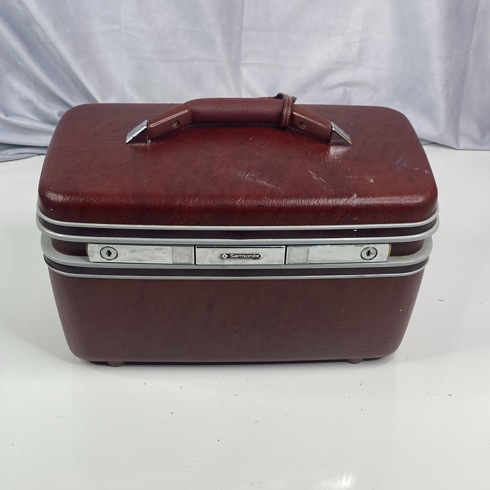 Vintage Samsonite Sentry Maroon Hard Train Make up Case Full Mirror & Tag No Key