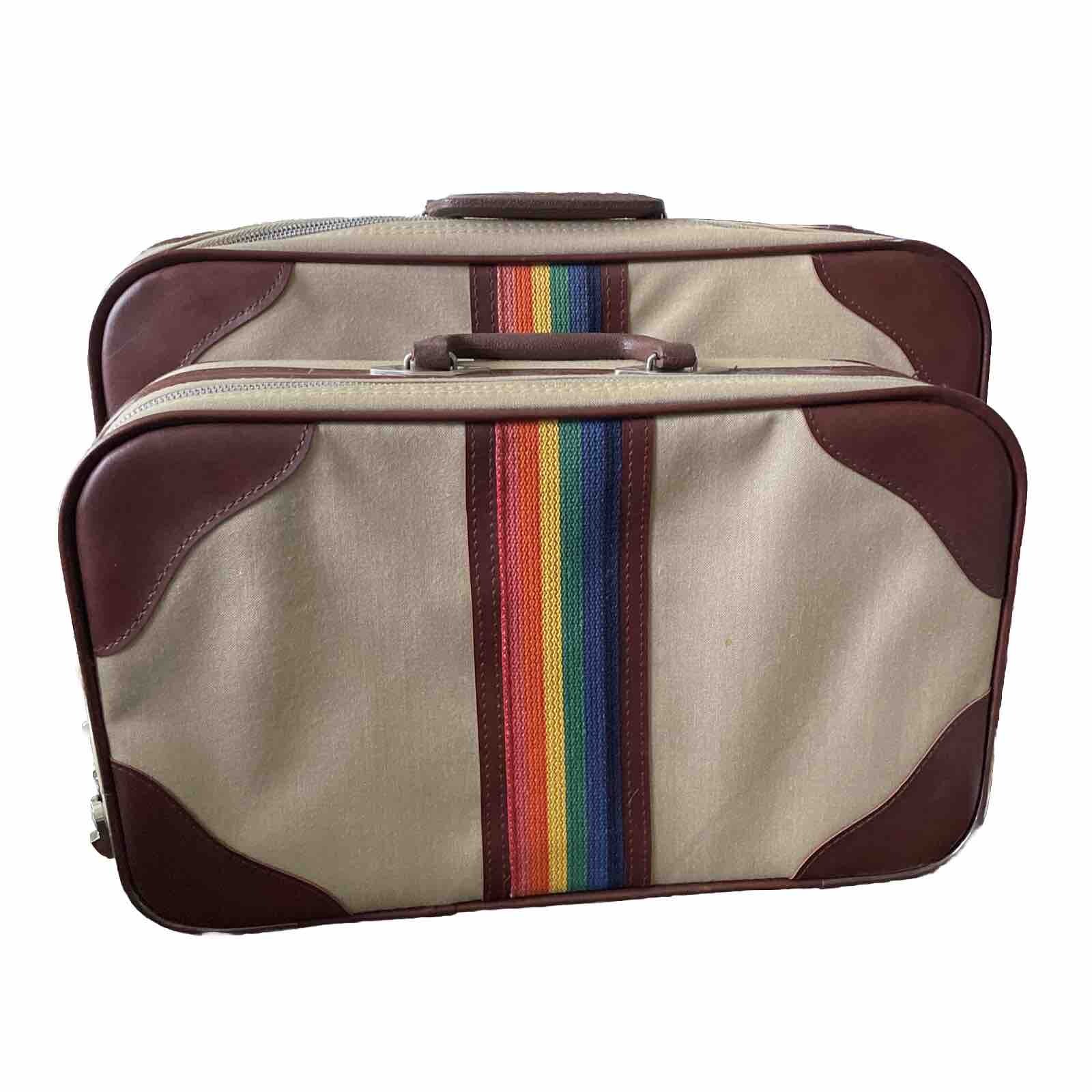 Vintage MCM Peter’s Bag Corp 2 Piece Set Khaki Brown Rainbow Stripe Carry On Nes