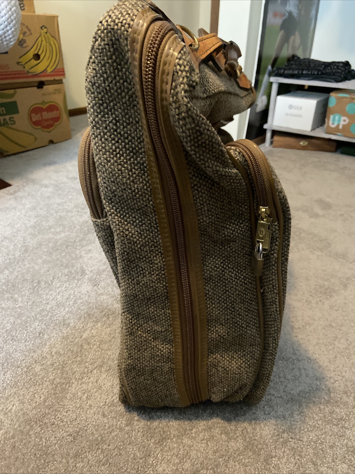 Vintage Hartmann Luggage Brown Tweed Leather Travel Bag 22”x19”x7” Missing Strap