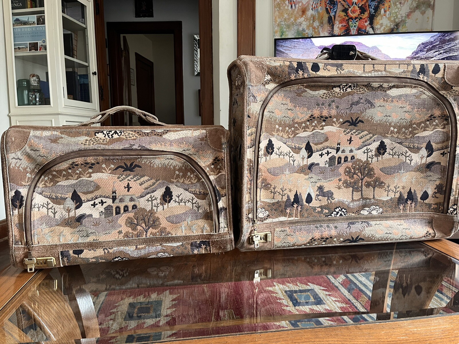 Vintage French Luggage Company Unicorn And Meadow Matching Pair