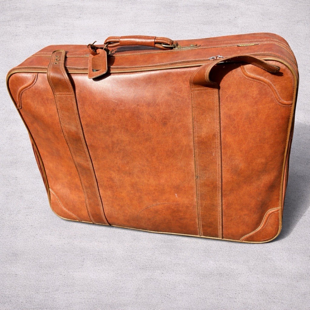 Vintage Brown Leather Suitcase Antique Travel Case Distressed Patina Large
