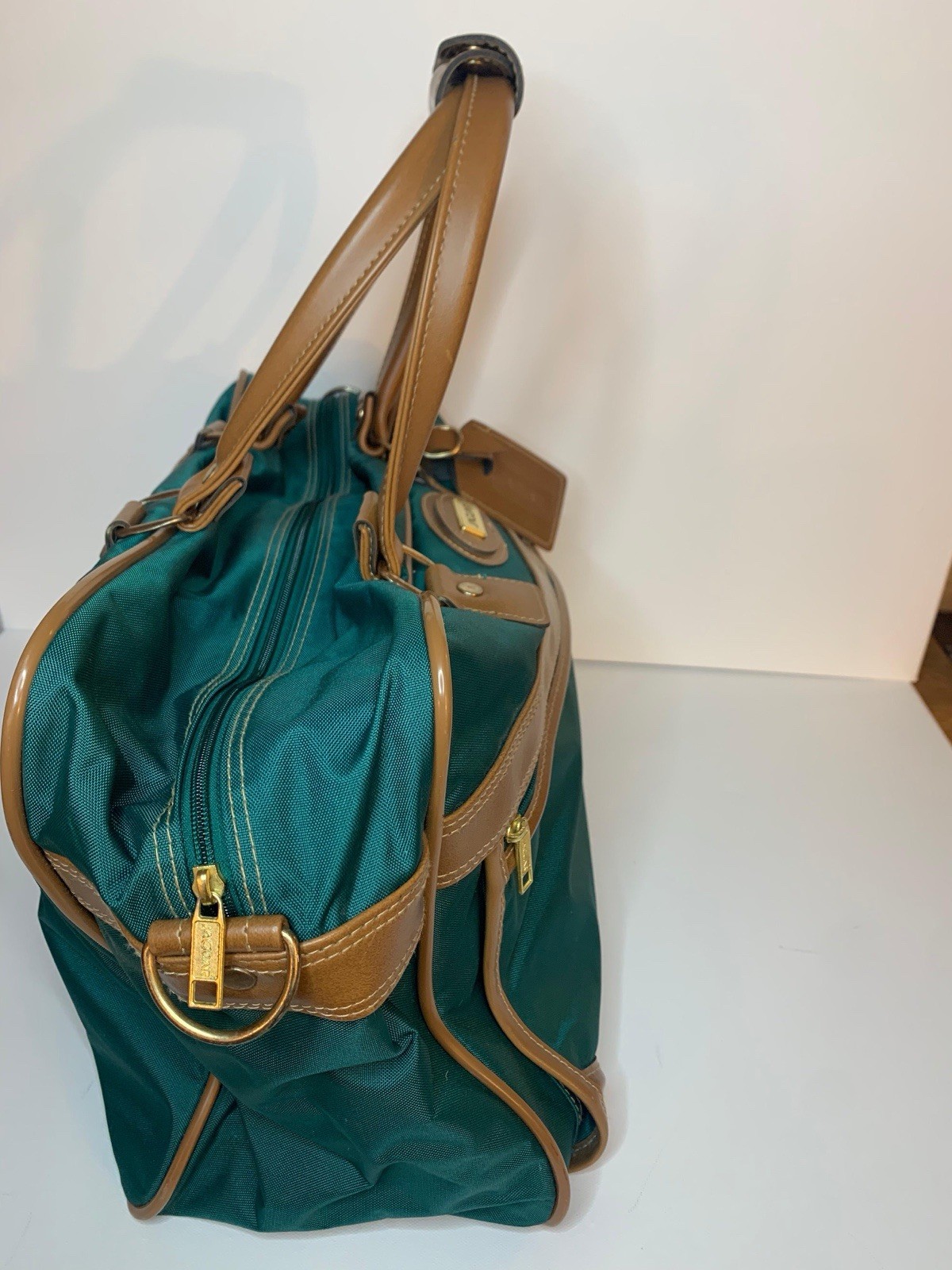 Vintage Jaguar Weekender Bag Jade Green Canvas Leather Large Travel Tote Carryon