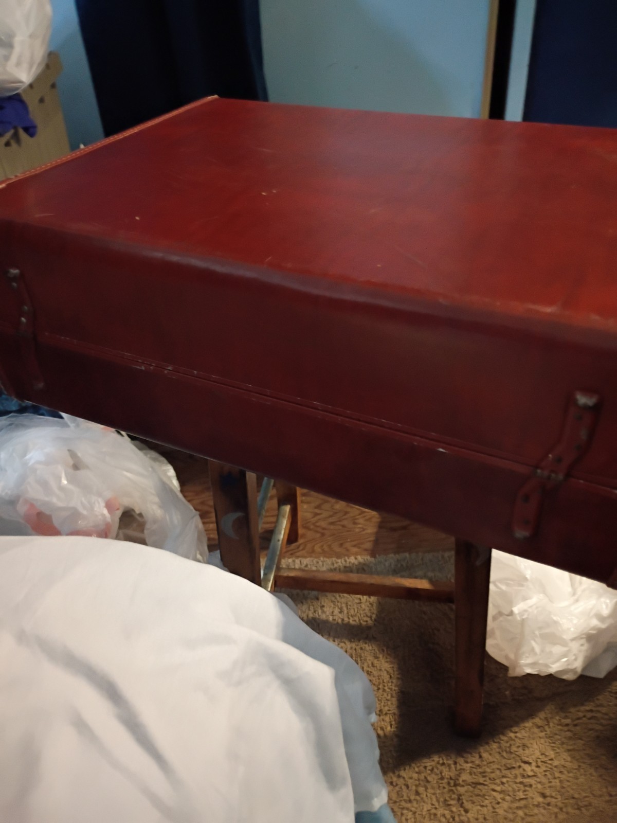 Vintage Brown Leather Hard Suitcase with Locking and Tie-Down Straps