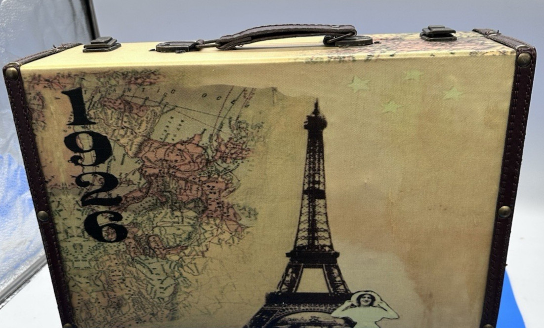 Vtg Style Decorative Wood Retro Parisian Suitcase Eiffel Tower/Map/1926/Buckles