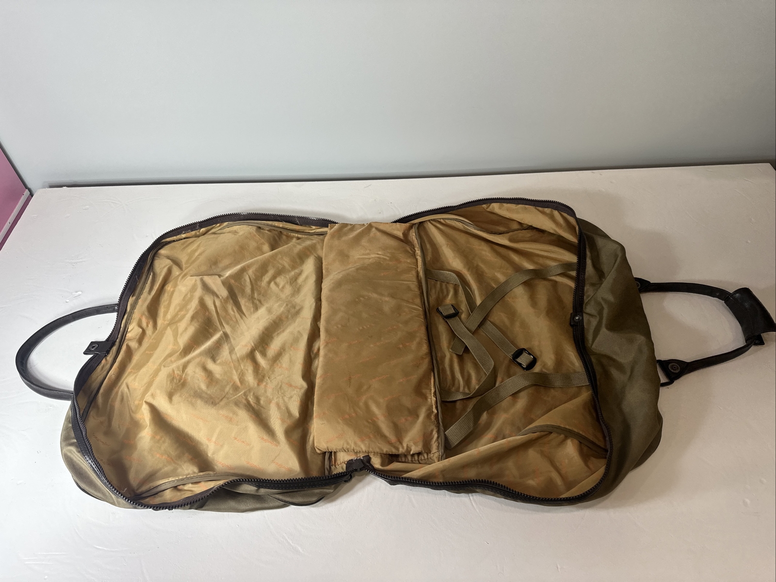 Yves Saint Laurent YSL Leather Trimmed Olive Weekender Bag 3 Pockets 24×18 In