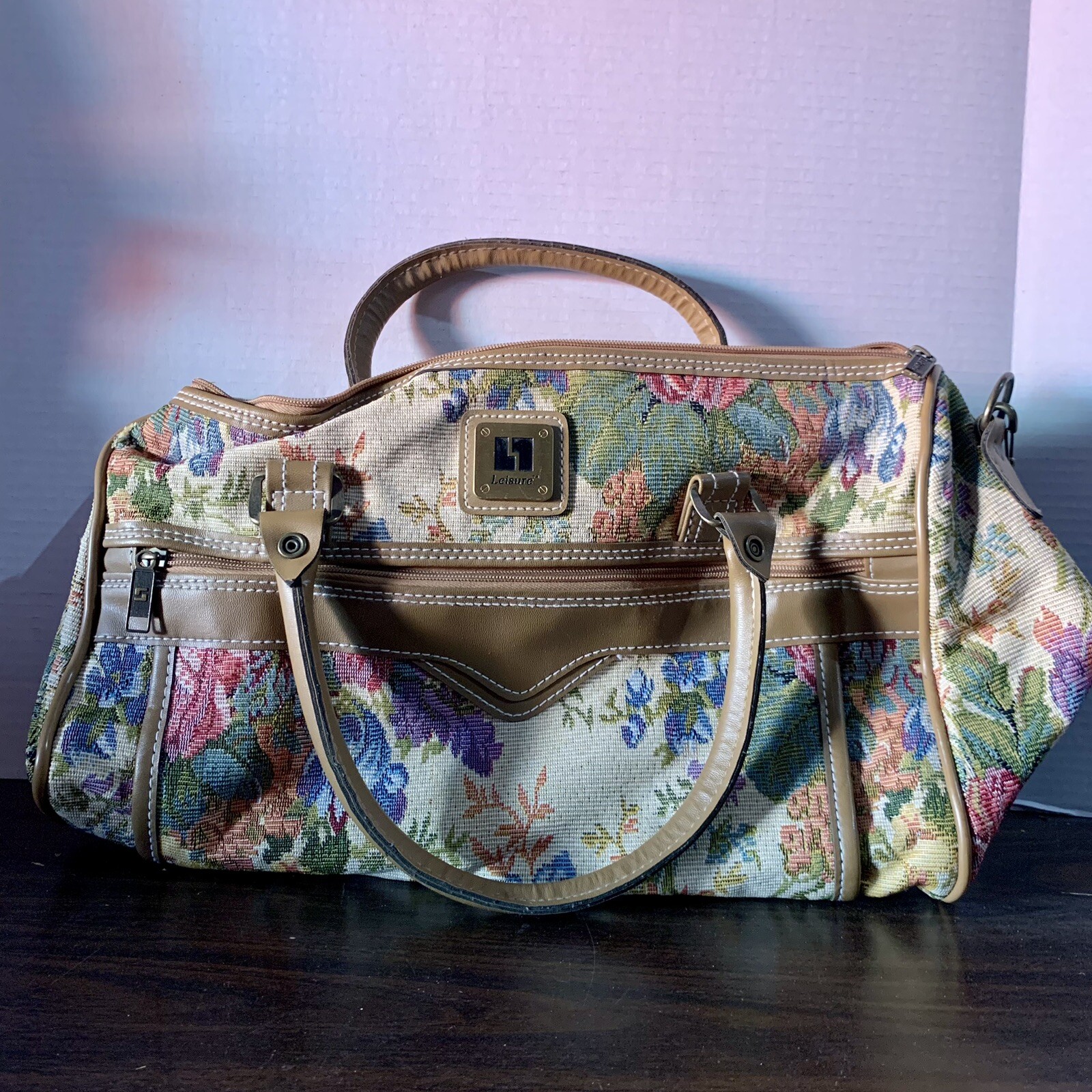 Vintage 80s Leisure Luggage Tapestry Beige Floral Carry On Suitcase Bag Tan Trim