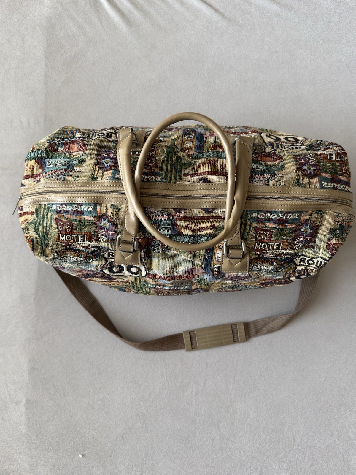 Jade Vintage Route 66 Duffel Weekend Woven Quilt Tapestry Bag