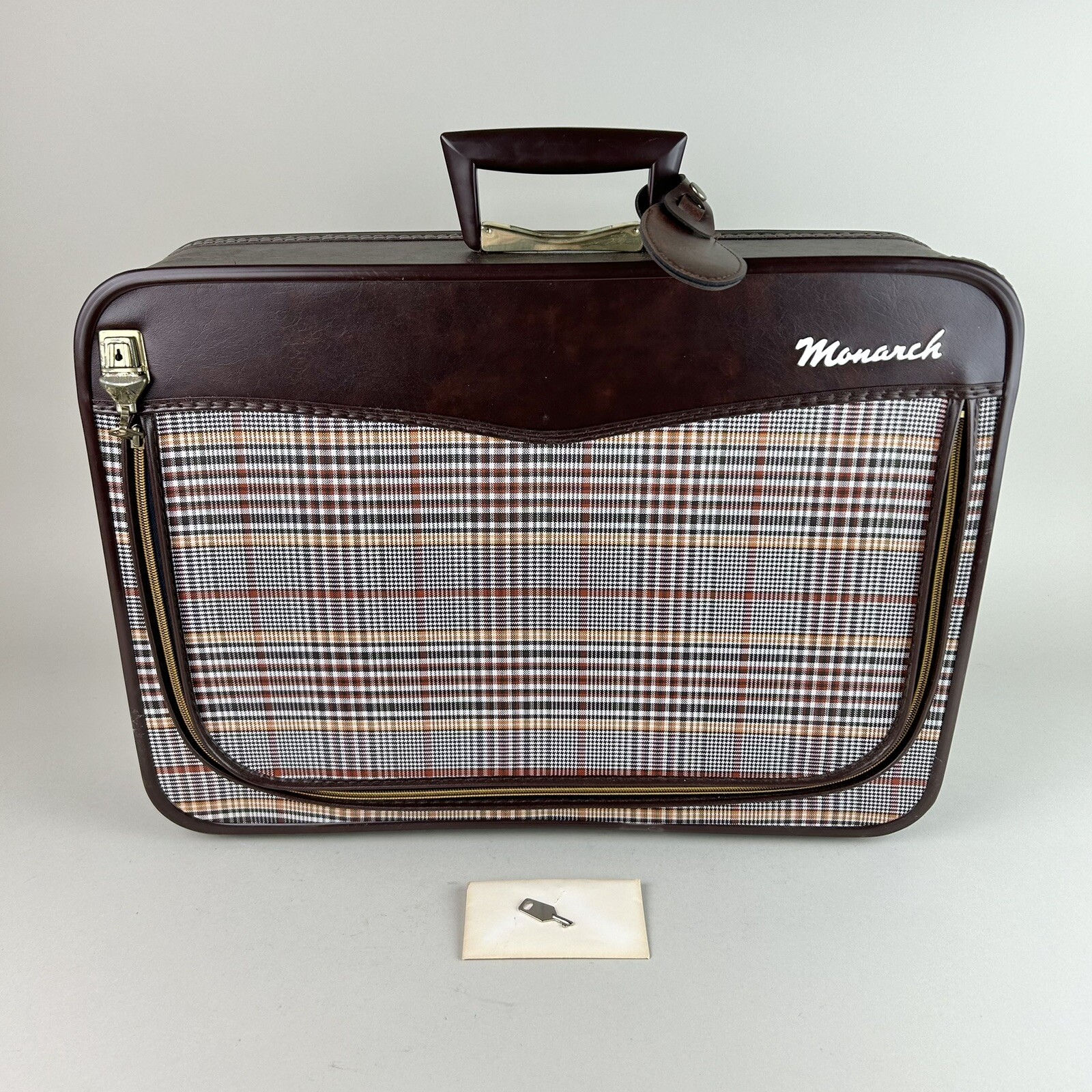 RARE Vintage Monarch Suitcase WITH KEY Faux Leather Brown Plaid Design Zipper