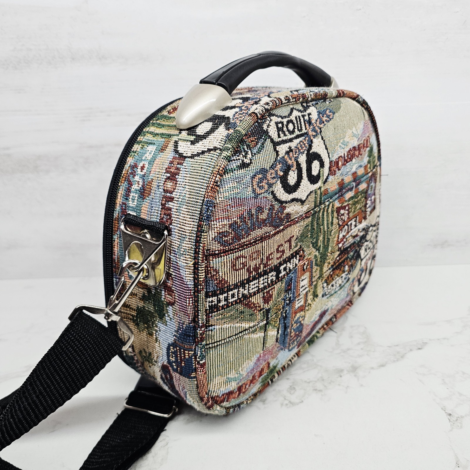Vtg. Route 66 Luggage Carry On Shoulder Bag Pioneer Express Tapestry