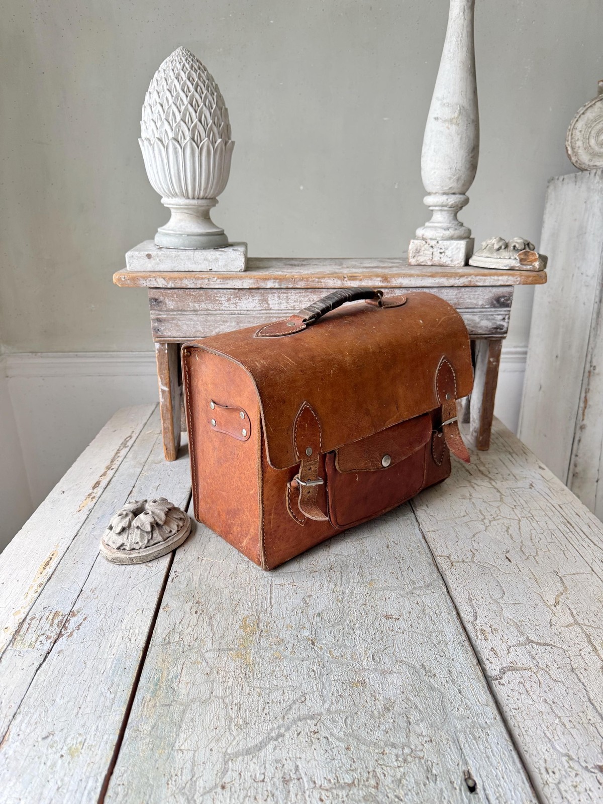 1930’s Vintage Leather Satchel Briefcase Brown Patina Leather School Bag Shabby