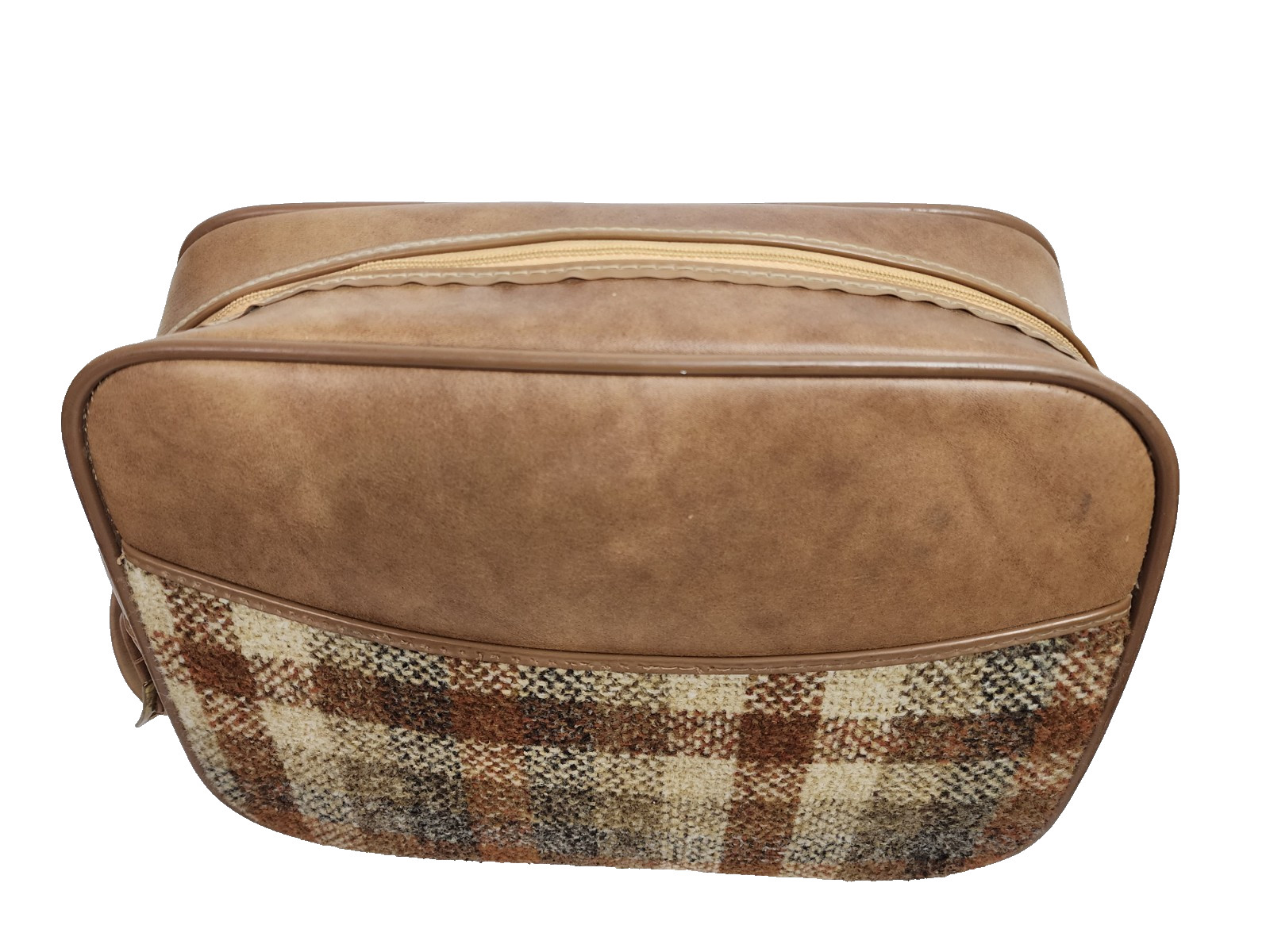 Vtg Invicta Plaid Tweed Leather Carry On Duffel Shoulder Bag Weekender Brown 16″