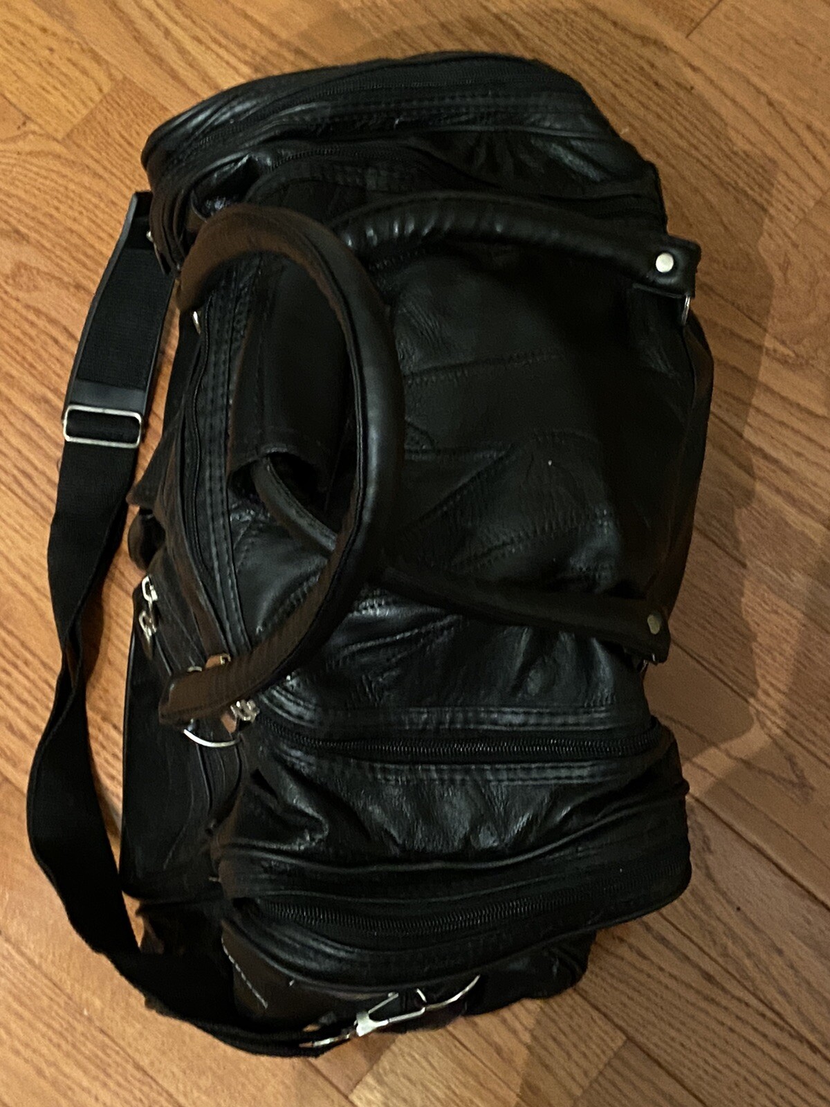 Black Patchwork Leather Carry-All Carry-On Luggage Overnight Tote Bag