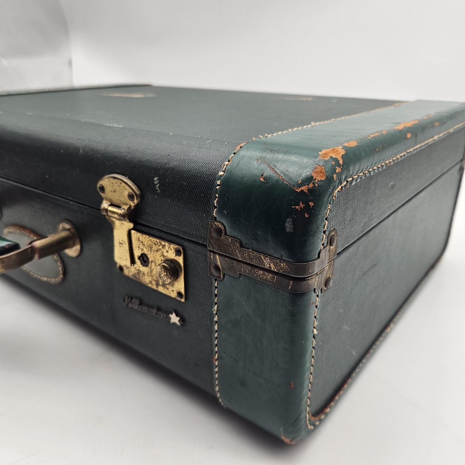 Vintage White Star Hard Shell Suitcase Luggage Green Celanese Lined Made USA 40s