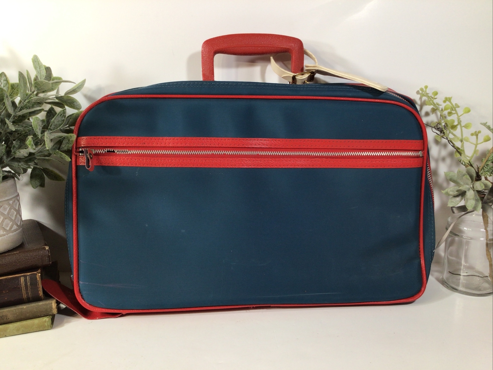 Vintage MCM~60’s-70’s Luggage Overnight Suitcase ~Navy/Red~15”x10.5”