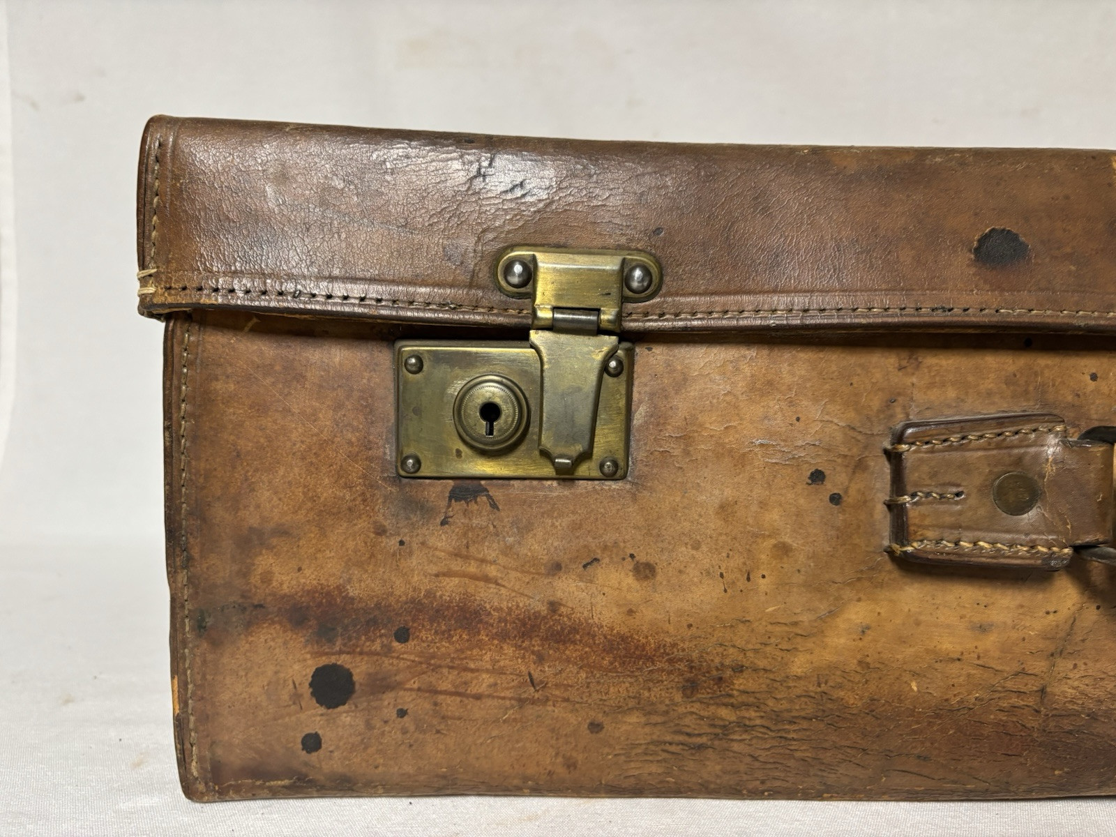 Antique English Leather Suitcase With Hotel Labels