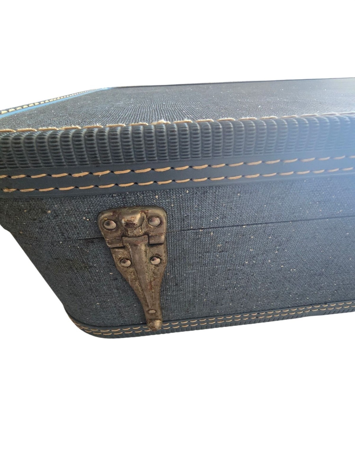1950s Blue Travel Joy Suitcase with Key Purple Celanese Lining Metal Hardware