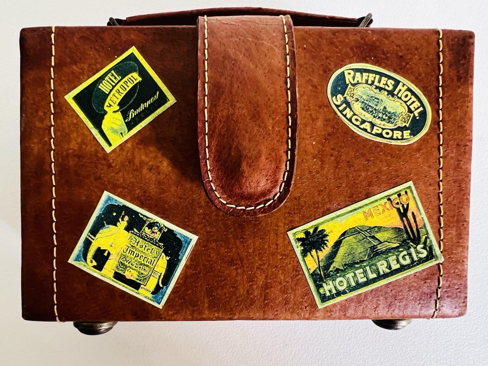 Vintage Leather Case Travel Stickers Magnetic Button Lined Mini Doll Suitcase 6”