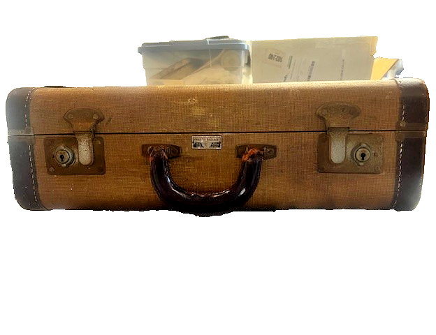 Vintage 1940s Christie Baggage Tweed Suitcase with leather handle