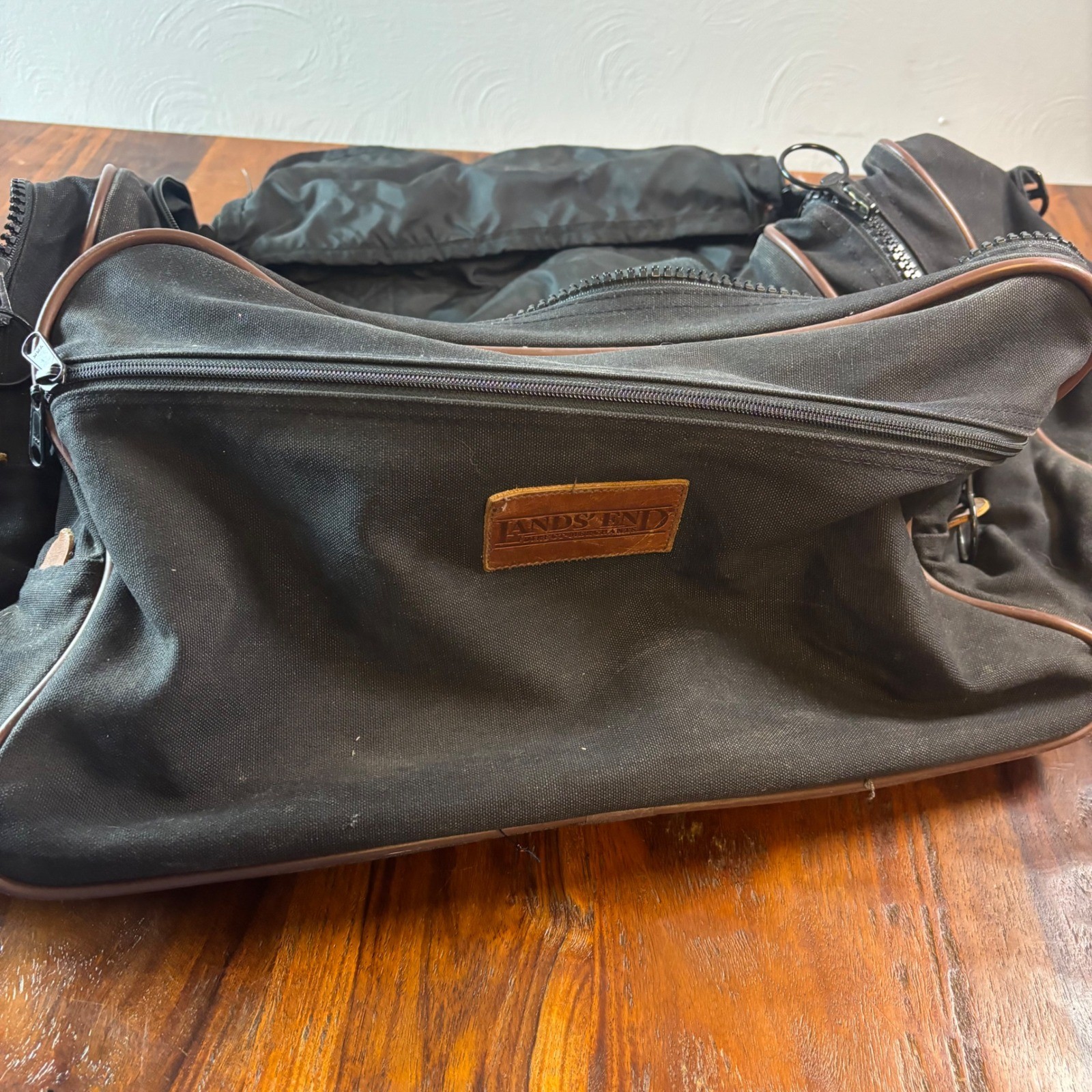 Vintage Lands End Black Canvas Leather Trim Duffle Bag Made in USA Monogram EML