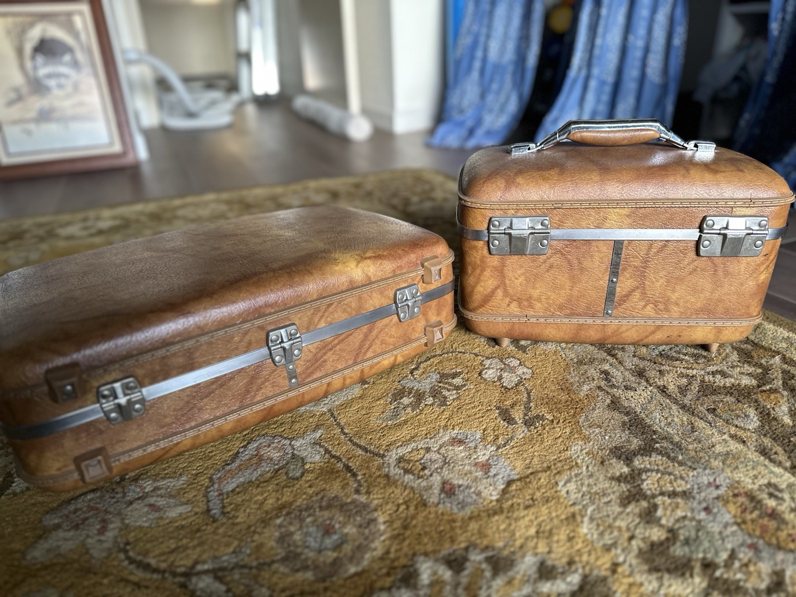 Vintage American Tourister Luggage Set Brown Faux Leather Briefcase Train Case