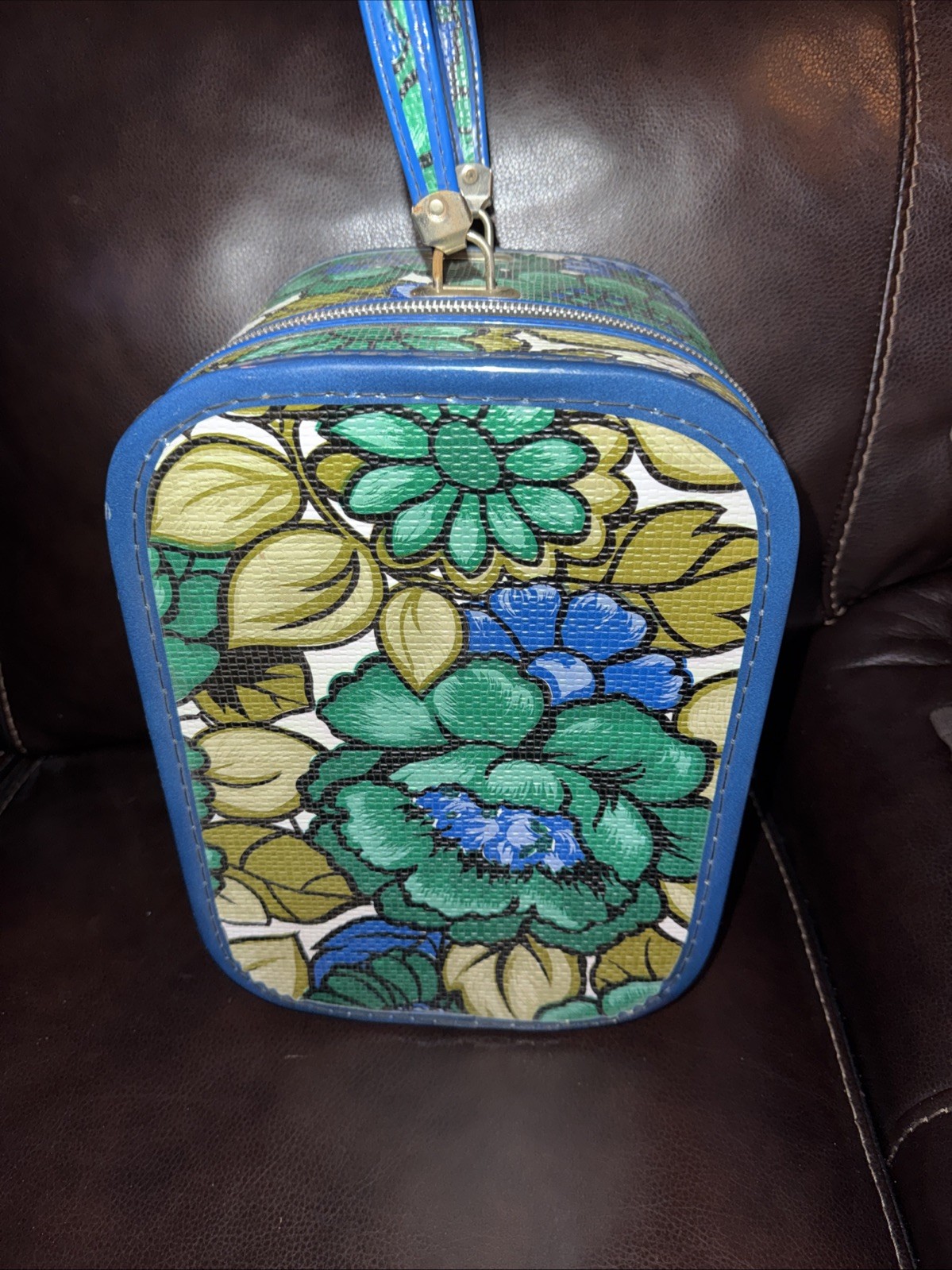 Vintage Traveling Wig Case 1960s Green Blue Floral Case