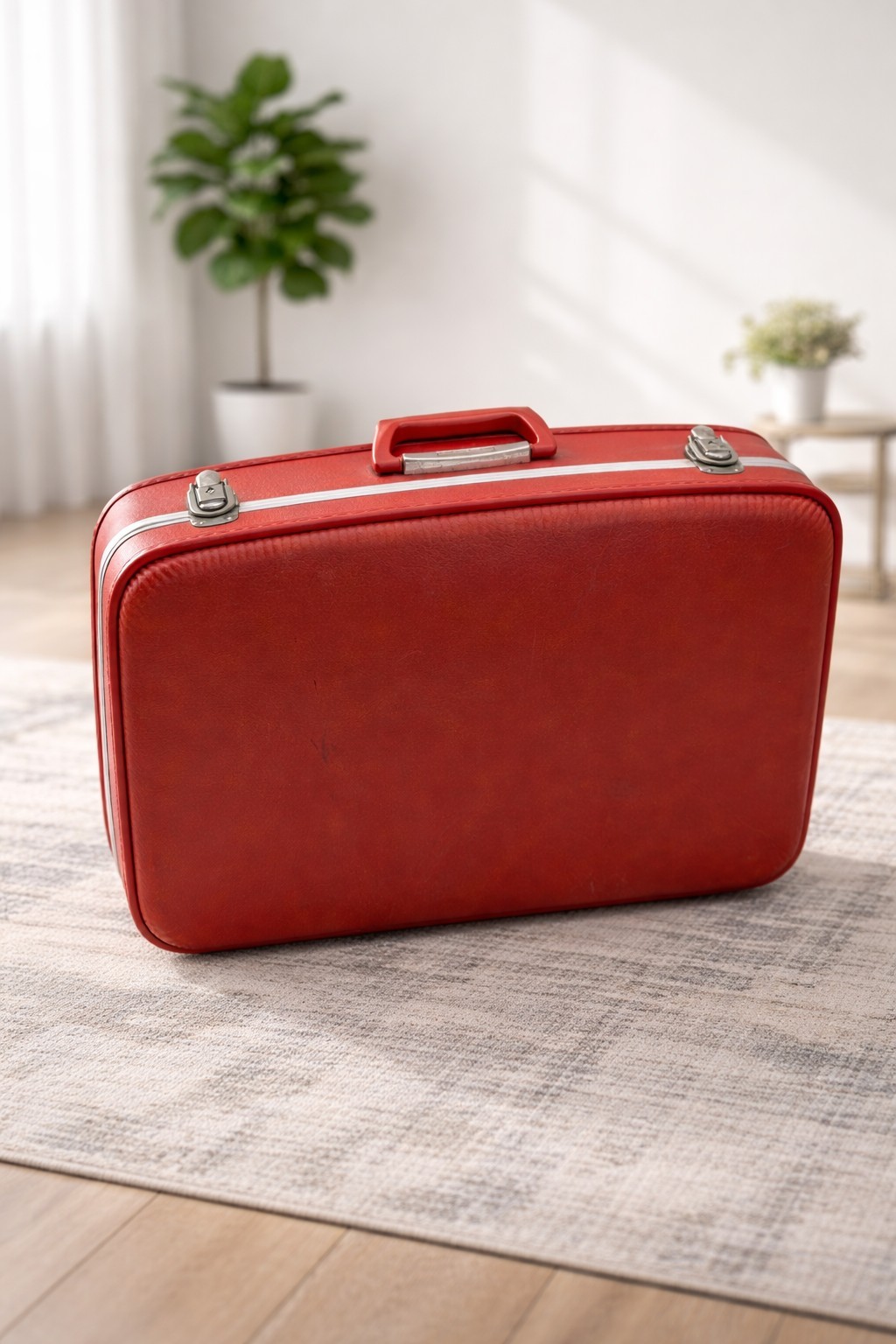 True Vintage Red Vinyl Hard Shell Locking Suitcase with Quilted Tan Interior