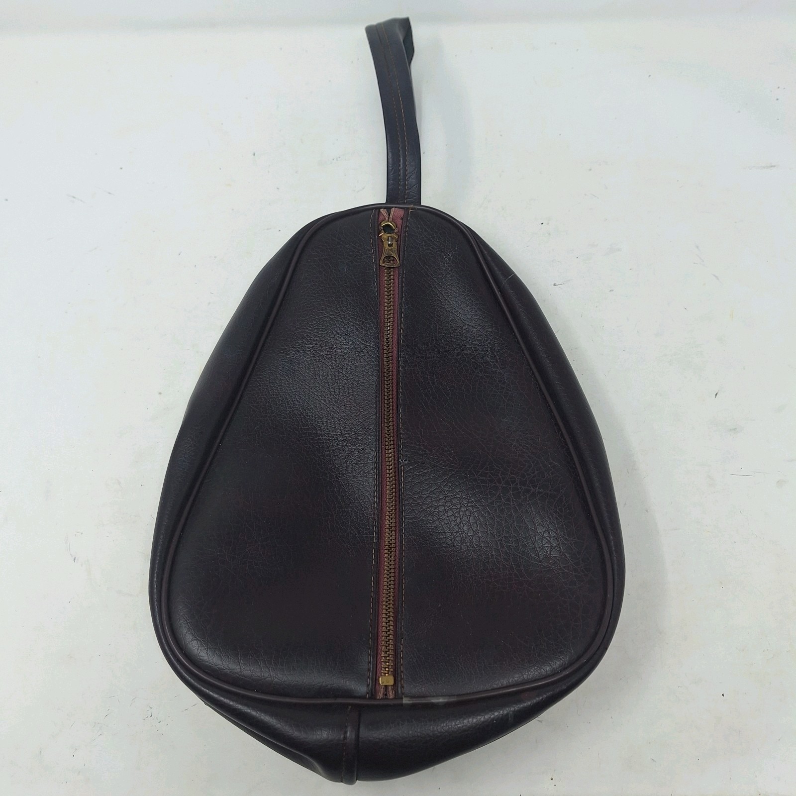 Vintage 60s Brown Leather Teardrop Shaped Unisex Zippered Travel Bag Toiletries