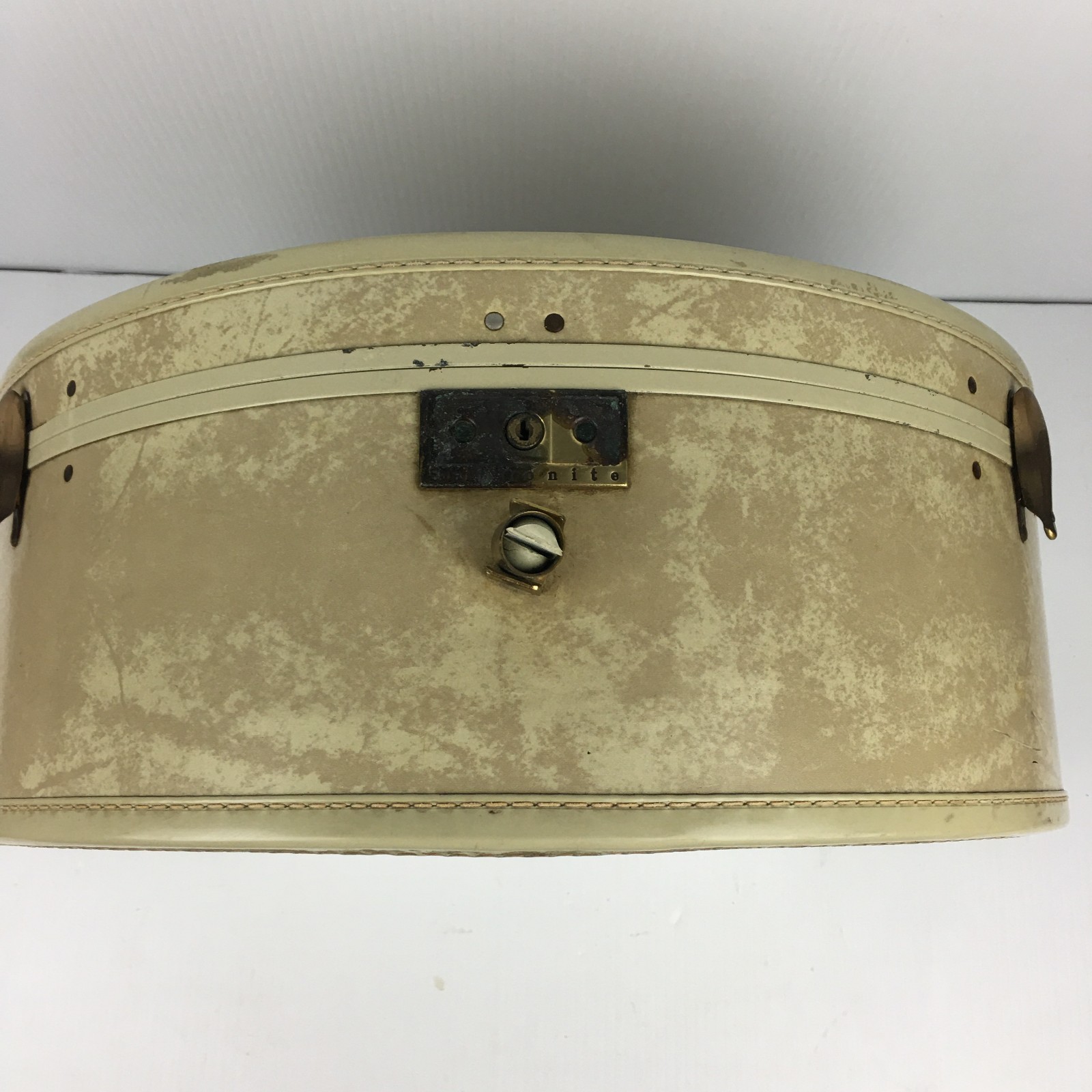 Vtg 18” Samsonite Shwayder 9420 Round Train Hat Box Suitcase Cream 1940s READ