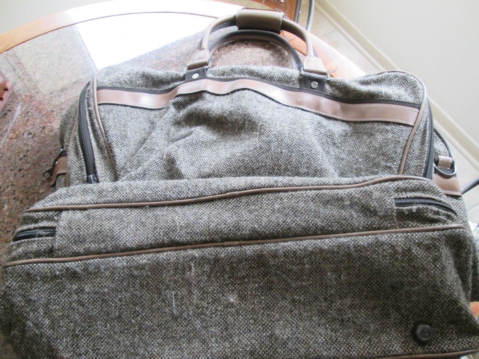 Vintage Large 4 Compartment Tweed And Leather Atlantic Travel Tote