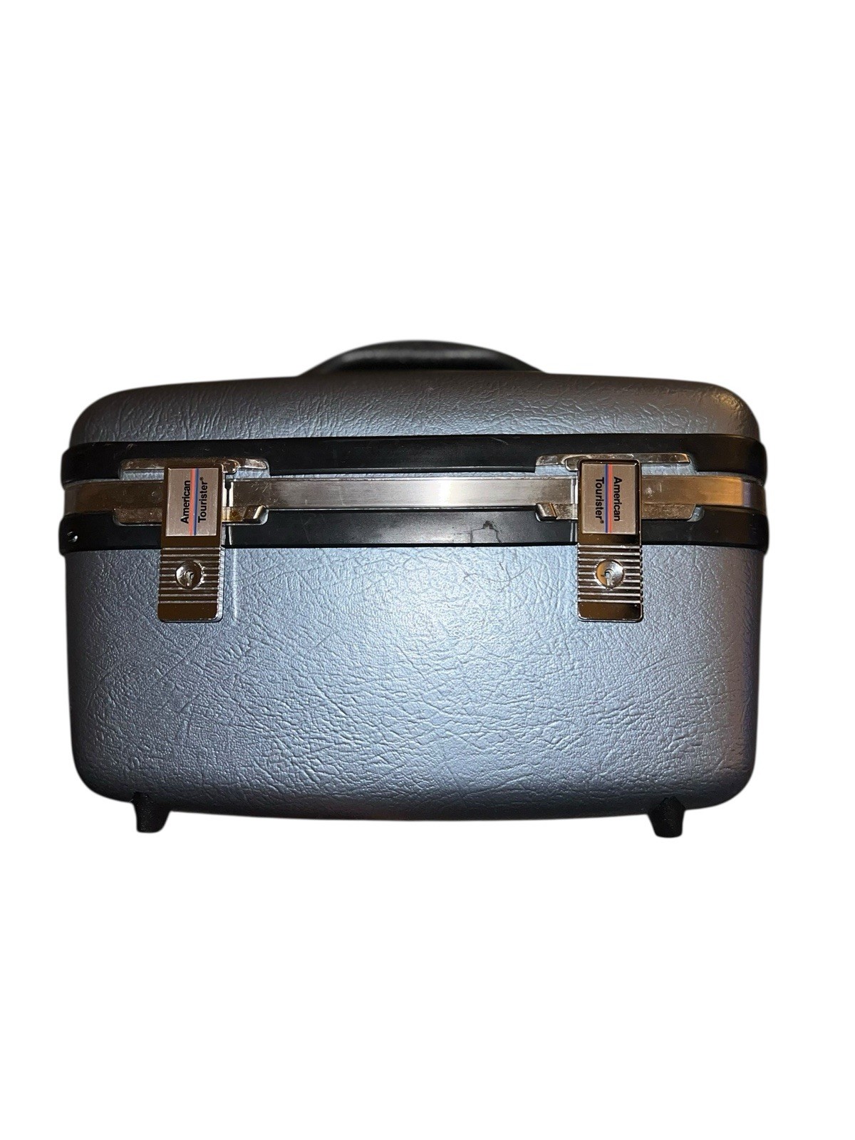 Vtg American Tourister Blue Makeup Train overnight Carry case with Tray & Mirror