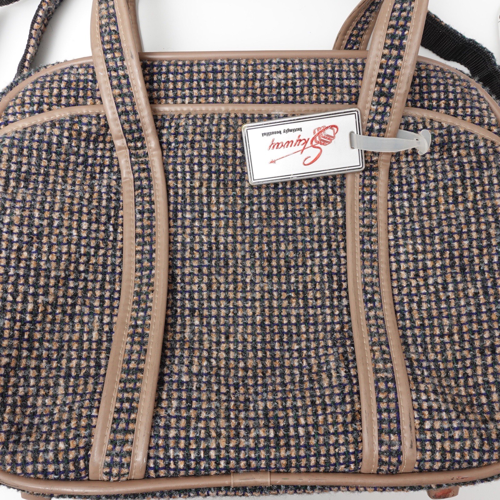 Vintage 60s Skyway Plaid Tweed Cosmetic Retro Carry On Bag Shoulder Strap Tan