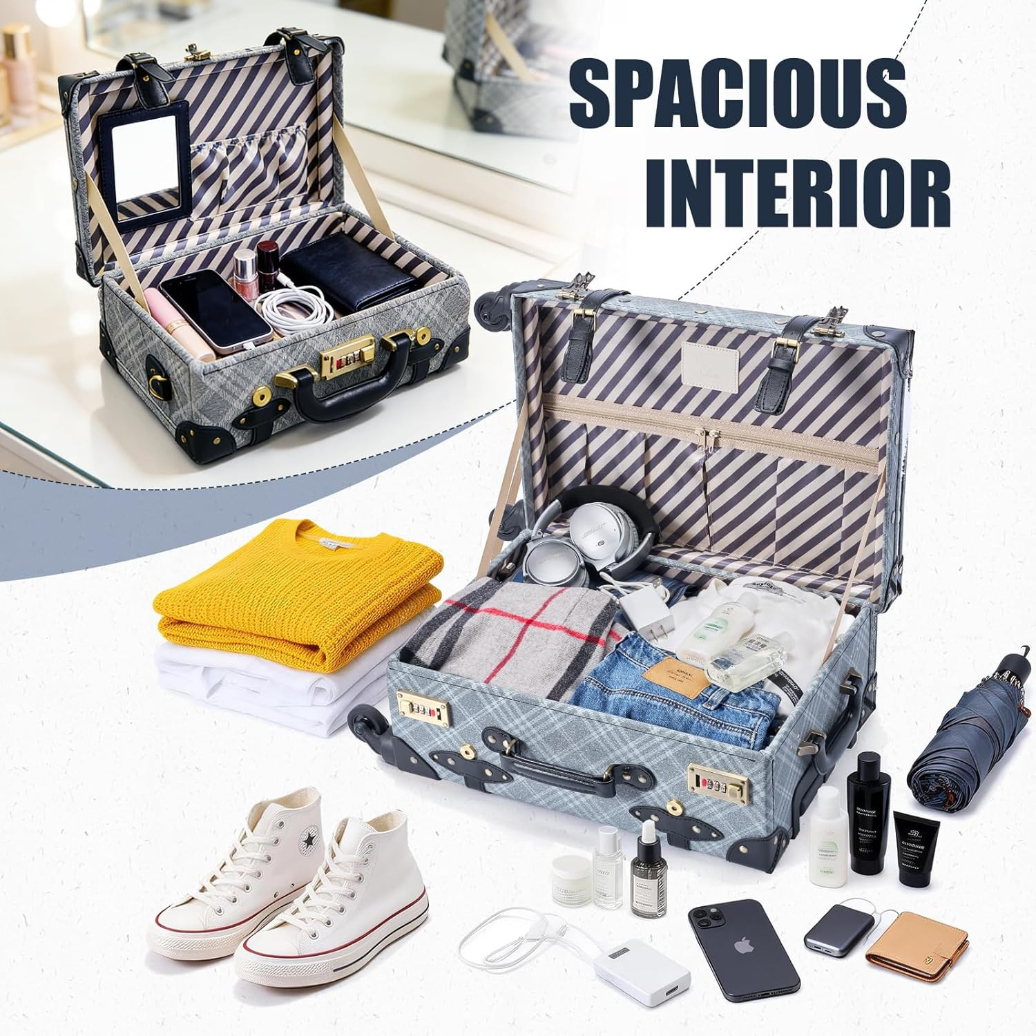2-Piece Vintage Luggage Set, 26″ PU Leather Retro Suitcase with Cosmetic Handbag