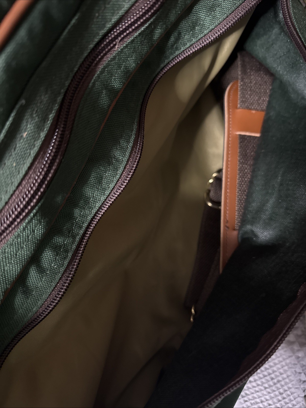 Vintage 80’s LL Bean Canvas Suitcase Luggage Green Leather Trim 26″W 16”H 4”D