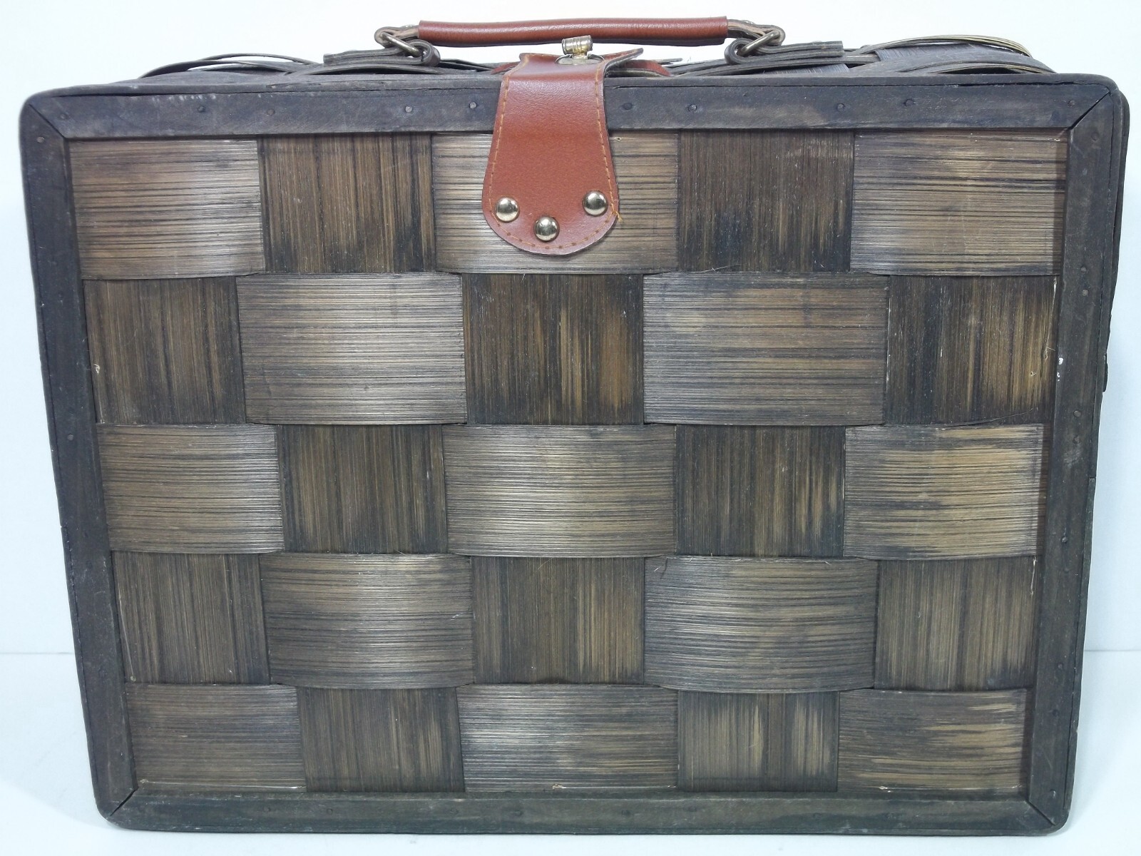 Wide Split Bamboo Suitcase Overnight Bag Carry On Leather Handle & Closure Strap