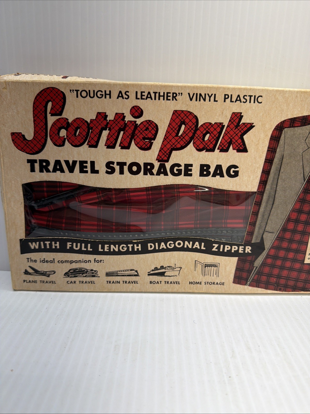 Vintage Scottie Pak Travel Storage Bag Garment Bag – Red Black Plaid Plastic