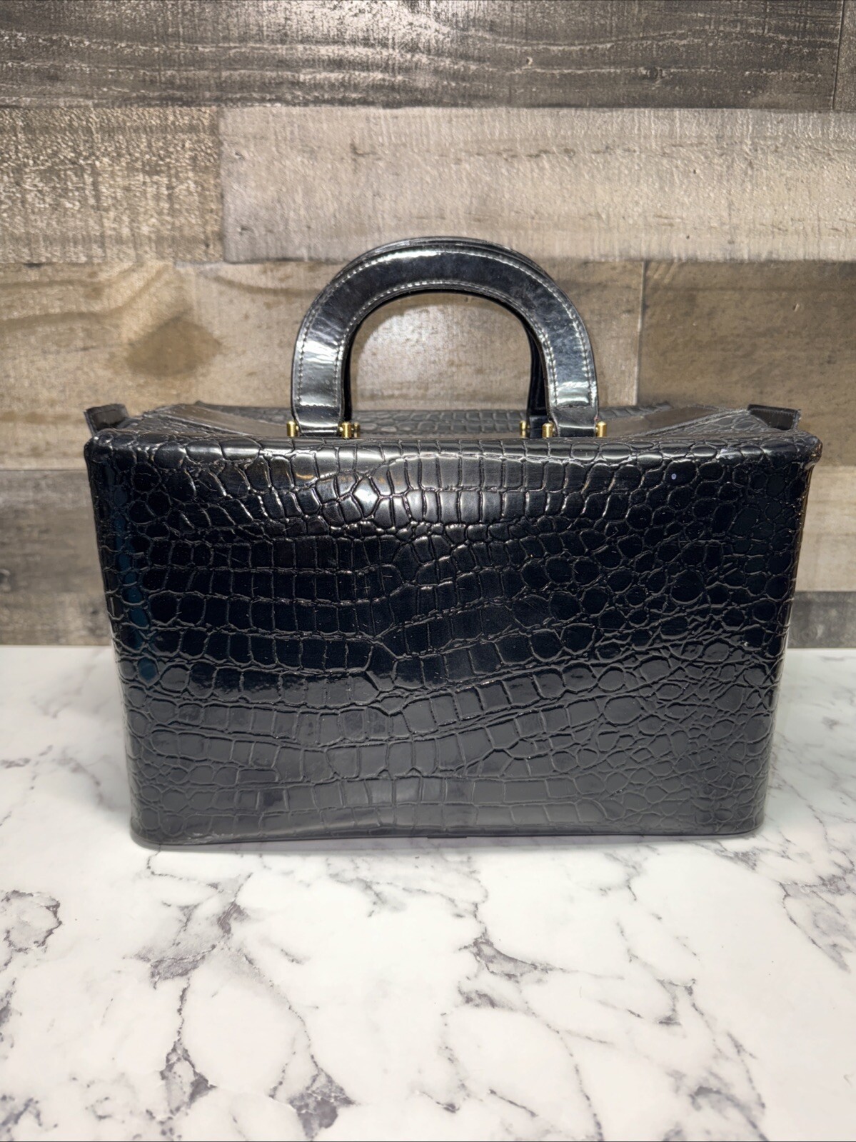 CB Vintage Crocodile Patent Leather Makeup Train Case Black