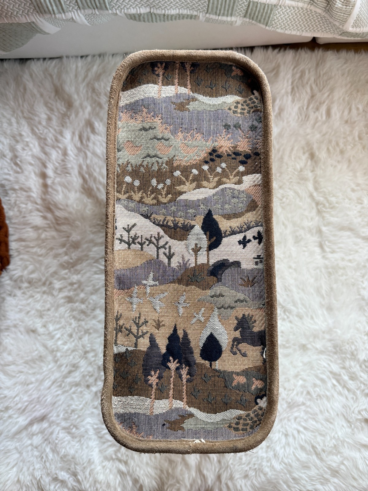 Vintage RARE 1970s-80s Tapestry Luggage 23″ Scenic Landscape Suitcase Suede Trim