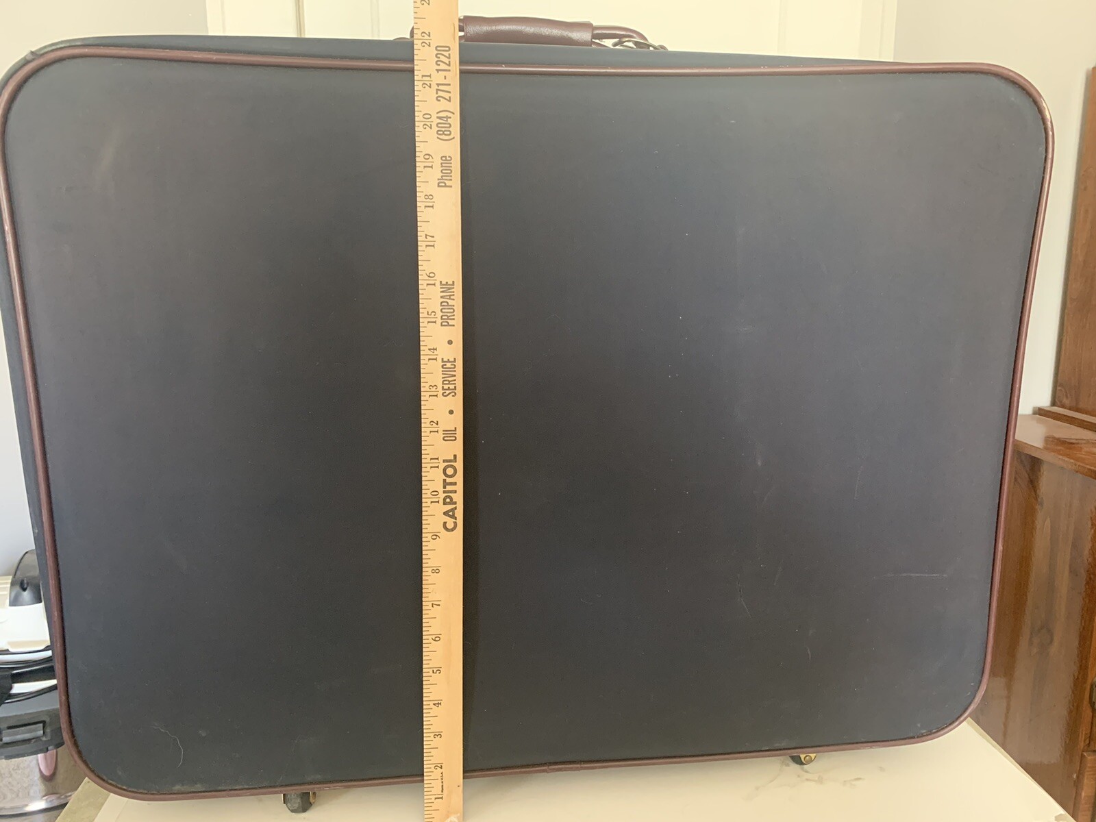 Vintage Verdi Suitcase Navy Blue With Brown Trim Very Good Condition