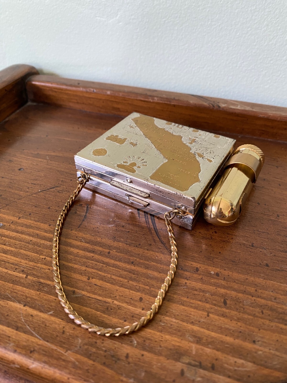 Vintage 1950s California Map Souvenir Gold Mini Makeup Vanity Case Minaudiere